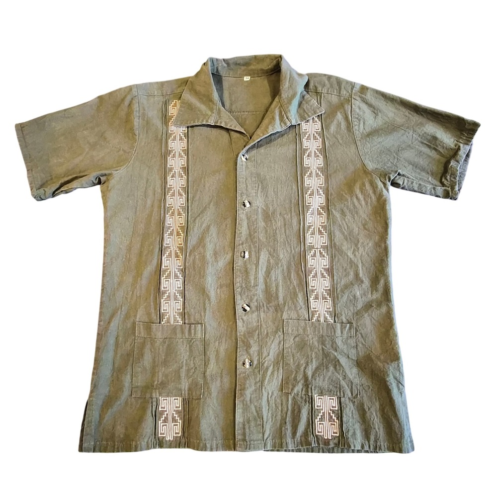 Vintage Olive Green Guayabera Shirt Short Sleeve Embroidered Mexican Style 34